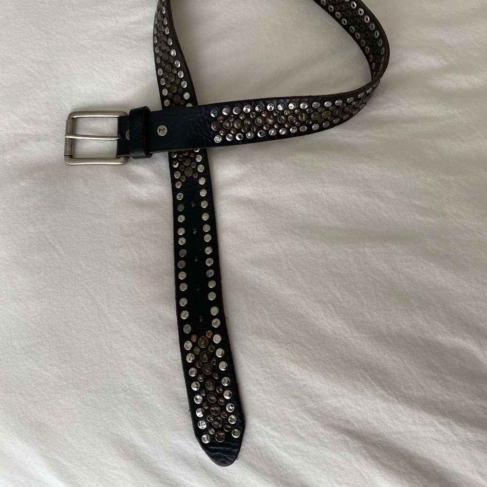 Silver and Brass Studded Black Leather Belt 34